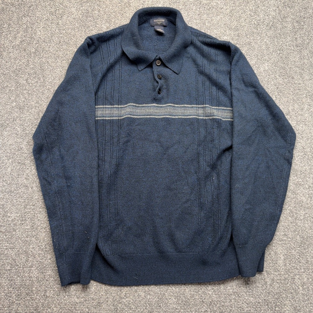 Dockers Mens Navy Blue Marl Knit Long Sleeve Polo Sweater Size Medium 1609